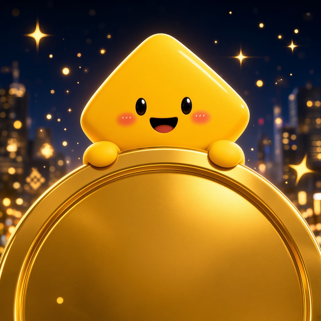 Binance Bibi peeking over a gold coin at night